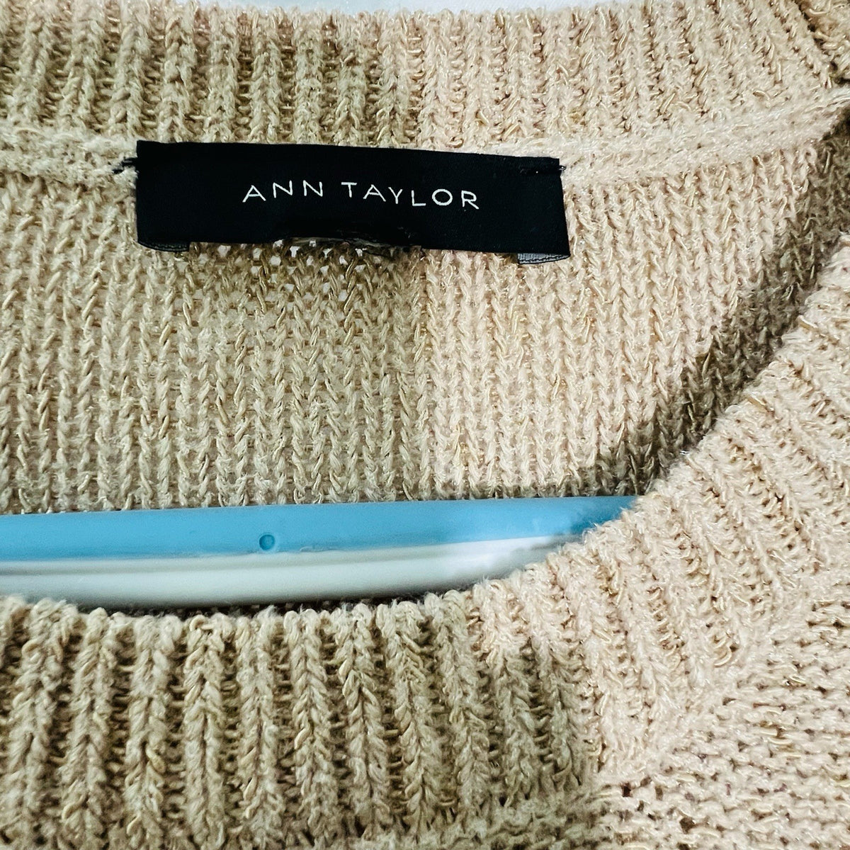 Ann Taylor Womens M Beige Puff Sleeve Short Sleeve Knit Sweater Crewneck2