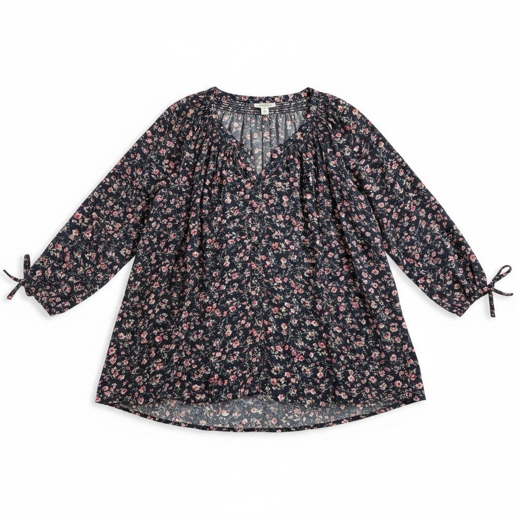 Westport 2X Floral Peasant Blouse Navy Pink V Neck Tie Sleeve Boho Plus Size0