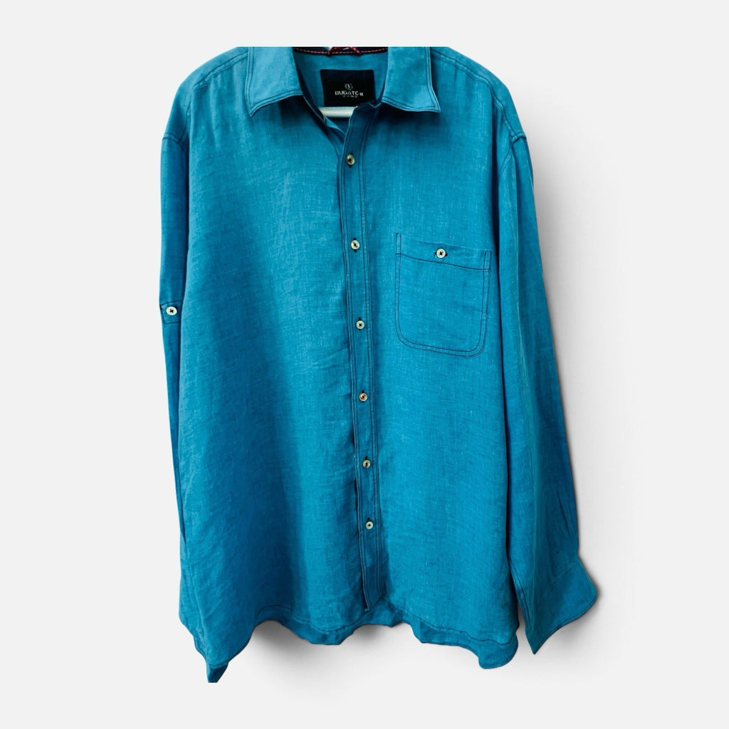 Bugatchi Uomo Men's XL Blue Linen Shirt Long Sleeve Button Up Contrast Trim0