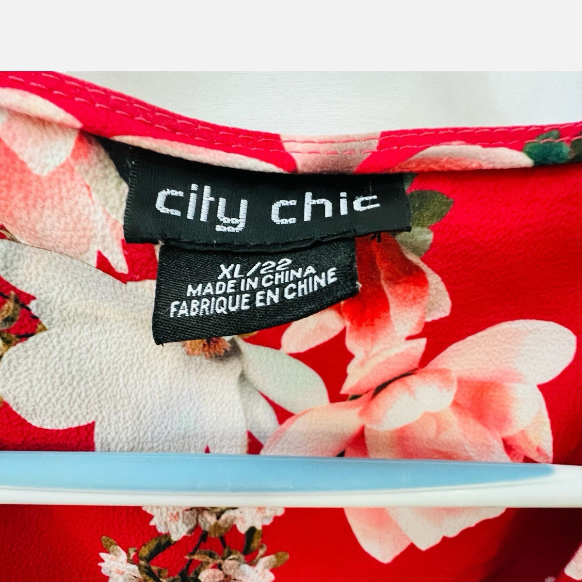 City Chic XL 22 Red Floral Wrap Blouse V Neck Ruched Sleeve Plus Size Tie Waist1