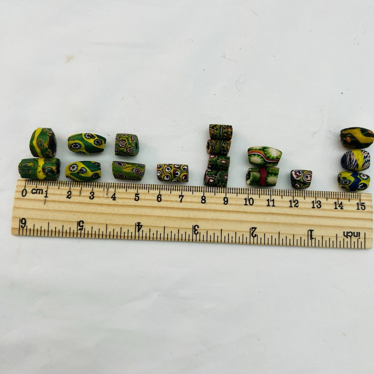 Vintage Glass Trade Beads Lot 14 Assorted Shapes 10mm 2mm Hole Green/Yellow1