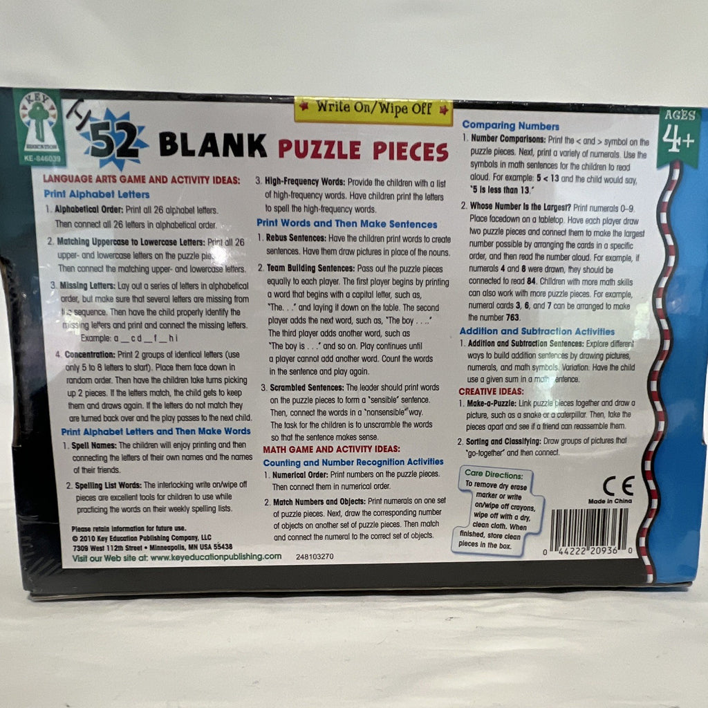 Key Education 52 Blank Puzzle Pieces Write-On/Wipe-Off Puzzle Ages 4+ KE-8460391