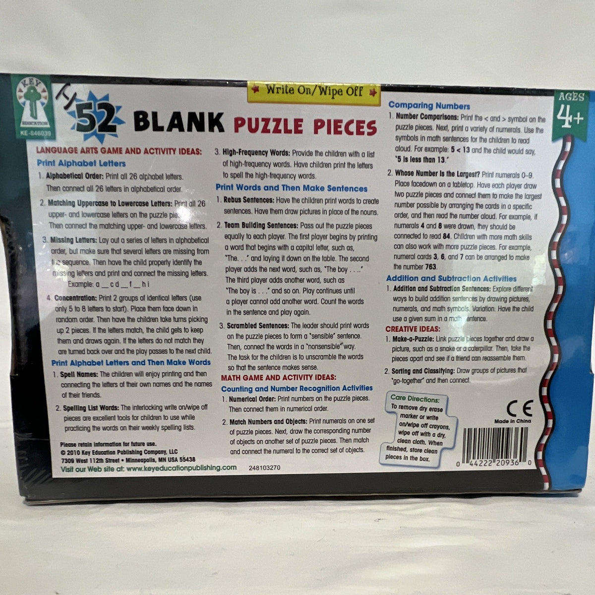Key Education 52 Blank Puzzle Pieces Write-On/Wipe-Off Puzzle Ages 4+ KE-8460391